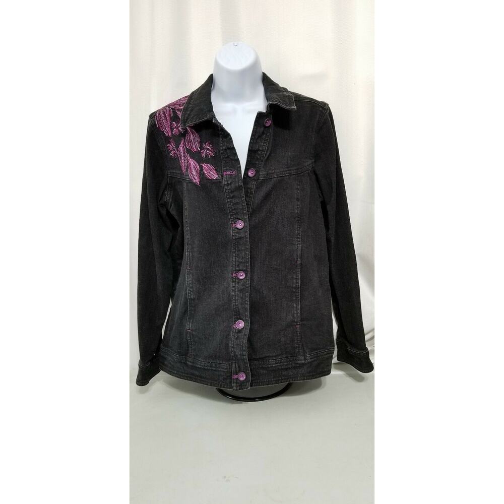 Denim & Co Black Jean Jacket Women's M Embroidered Shoulder
